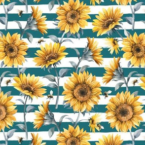 Sunflower Bees / Teal Striped Background / Small Scale