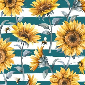 Sunflower Bees / Teal Striped Background / Large Scale
