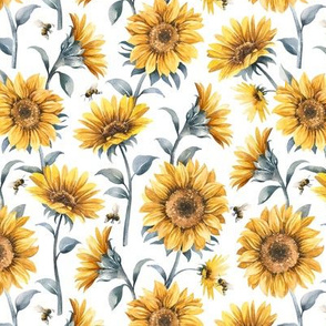 Sunflower Bees / White Background / Small Scale