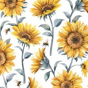 Sunflower Bees / White Background / Large Scale
