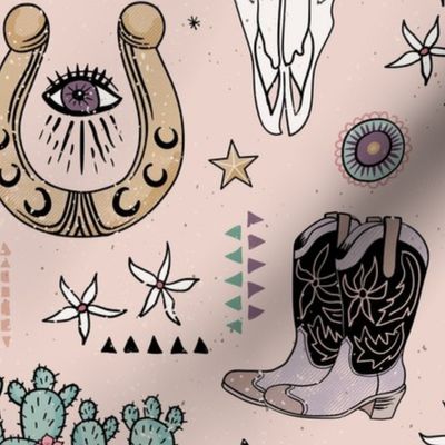 Boho tribal cowgirl ephemera - western, cowboy boots, cow skulls - blush pink, medium