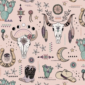 Boho tribal cowgirl ephemera - western, cowboy boots, cow skulls - blush pink, medium