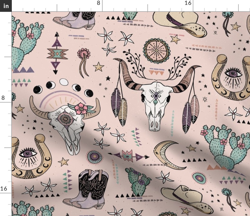 Boho tribal cowgirl ephemera - western, cowboy boots, cow skulls - blush pink, medium