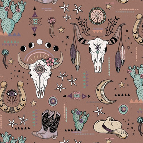 Boho tribal cowgirl ephemera - western, cowboy boots, cow skulls - clay, medium