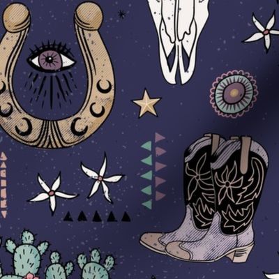 Boho tribal cowgirl ephemera - western, cowboy boots, cow skulls - indigo blue, medium