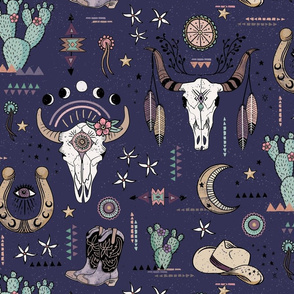 Boho tribal cowgirl ephemera - western, cowboy boots, cow skulls - indigo blue, medium