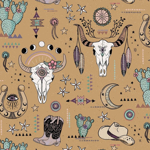 Boho tribal cowgirl ephemera - western, cowboy boots, cow skulls - ochre, medium