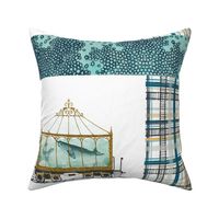 whimsical fat quarter cut and sew pillow project, narwhal aquarium train car pillow, gold, mustard, teal, turquoise