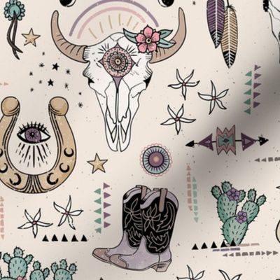 Boho tribal cowgirl ephemera - western, cowboy boots, cow skulls - cream, small