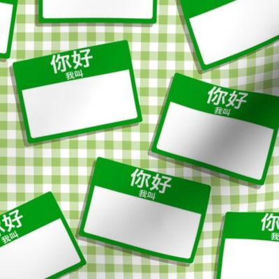 Scattered Chinese 'hello my name is' nametags - green on light green gingham