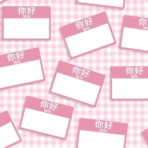 Scattered Chinese 'hello my name is' nametags - pink on baby pink