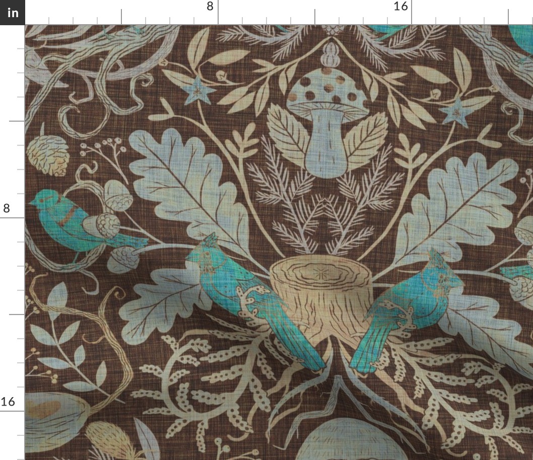 Birds in Thicket - Woodland Damask - Brown and Robin's Egg Blue