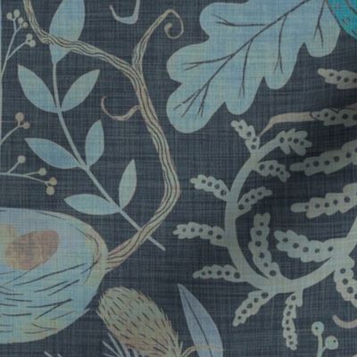 Birds in Thicket - Woodland Damask - Gray and Robin's Egg Blue