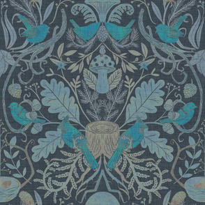 Birds in Thicket - Woodland Damask - Gray and Robin's Egg Blue