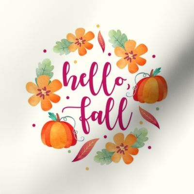 6" Circle Panel Hello Fall Watercolor Flowers and Pumpkins for Embroidery Hoop Quilt Square Potholder