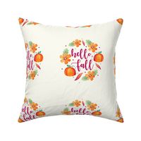 6" Circle Panel Hello Fall Watercolor Flowers and Pumpkins for Embroidery Hoop Quilt Square Potholder