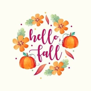 6" Circle Panel Hello Fall Watercolor Flowers and Pumpkins for Embroidery Hoop Quilt Square Potholder