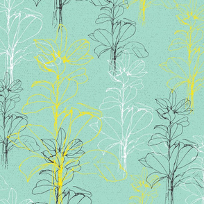 Leaves on teal in yellow and grey