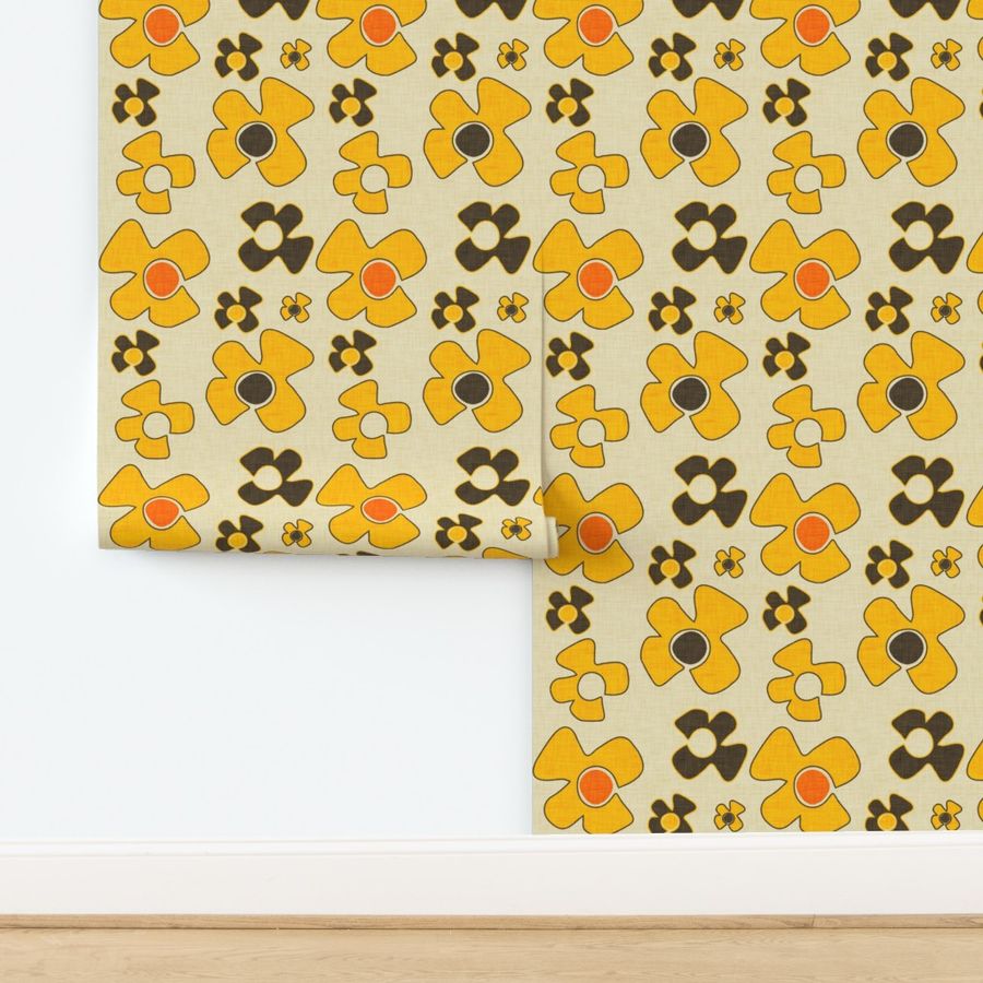 70s  Floral Beige- Retro Vintage Mid Century Modern Design