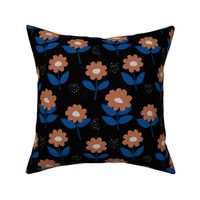 Retro Scandinavian daisies blossom summer leaves romantic organic garden cinnamon burnt orange eclectic blue black