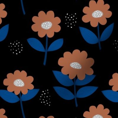 Retro Scandinavian daisies blossom summer leaves romantic organic garden cinnamon burnt orange eclectic blue black