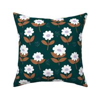 Retro Scandinavian daisies blossom summer leaves romantic organic garden burnt orange rust forest green white lilac