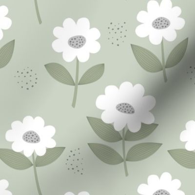 Retro Scandinavian daisies blossom summer leaves romantic organic garden mist olive green white 