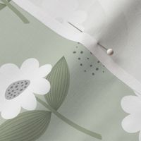 Retro Scandinavian daisies blossom summer leaves romantic organic garden mist olive green white 