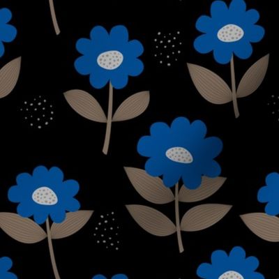 Retro Scandinavian daisies blossom summer leaves romantic organic garden black eclectic blue coffee night