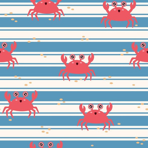 Cute Crabs on Stripes: Red on Medium Blue