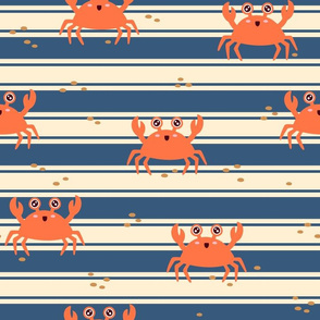 Cute Crabs on Stripes: Orange on Dark Blue