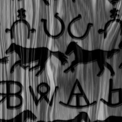 Cattle Brands - Horse Ranch on Wood Grain - Black and white