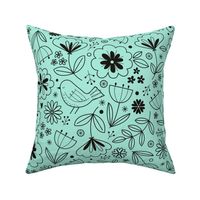 Bluebird of Happiness Folksy Floral - Black and Mint