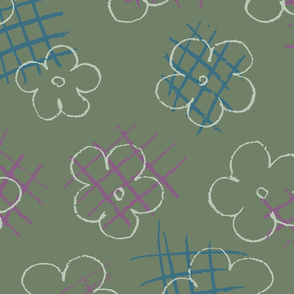 Doodle florals on moss green Jumbo