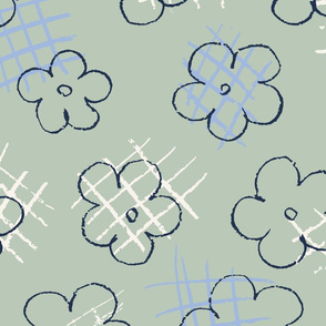 Large Scale Doodle Flowers on Light Green