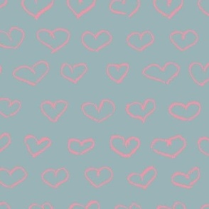 Pink hearts on blue green background