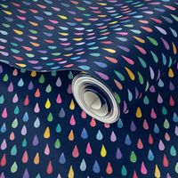 rainbow raindrops pattern on navy - small scale