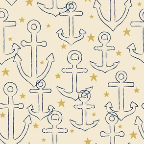 Anchor Outlines & Stars in Navy on Gold