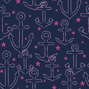 Anchor Outlines & Stars in Pink on Navy