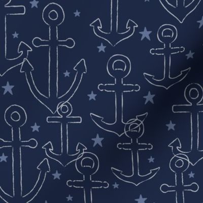 Anchor Outlines & Stars in Light Blue on Navy