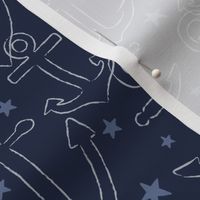 Anchor Outlines & Stars in Light Blue on Navy