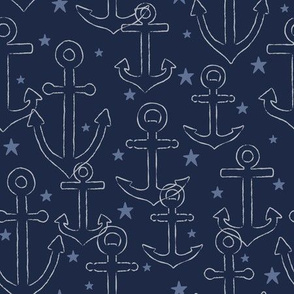 Anchor Outlines & Stars in Light Blue on Navy