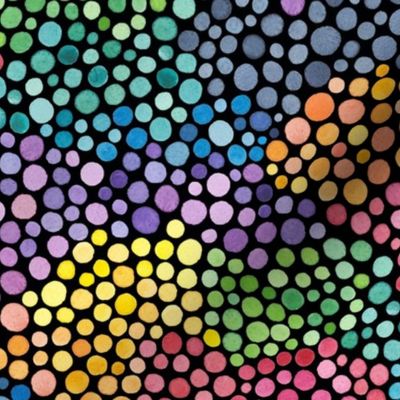 Watercolour rainbow dots clusters on black - smaller scale
