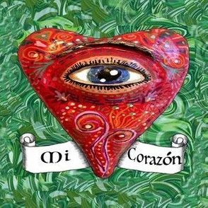 eye heart folk art, mi corazon, sacred heart, medium large scale, red green black white blue colorful