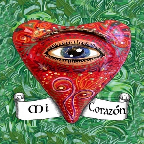 eye heart folk art, mi corazon, sacred heart, jumbo large scale, red green black white blue colorful