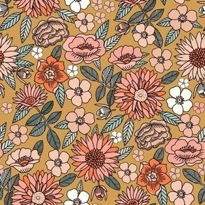 MED Happy Flowers fabric - 70s flowers, seventies floral, floral, retro floral, 60s flower fabric, 70s flower fabric, retro flowers fabric - ochre