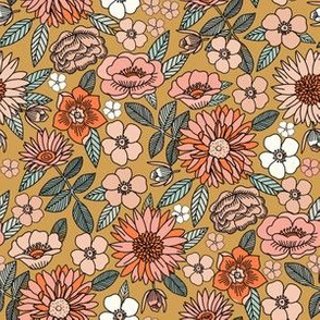 SMALL Happy Flowers fabric - 70s flowers, seventies floral, floral, retro floral, 60s flower fabric, 70s flower fabric, retro flowers fabric - ochre