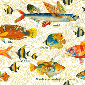 Vintage Postcards of Hawaiian Fish & Names - Swimming left & right on gold ocean w/bubbles