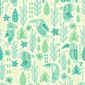 Busy Tropical Birds Medium Scale Blue Green