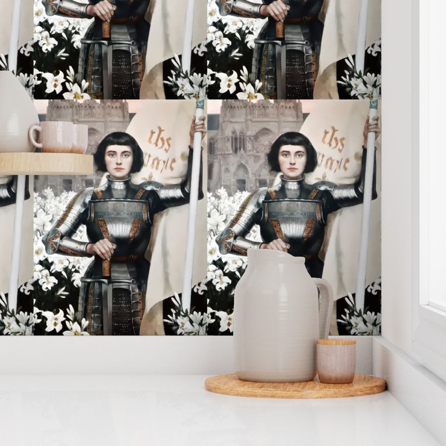 3 custom smaller Joan of Arc Jeanne d'Arc The Maid of Orléans french france heroine woman lady warrior soldier lily lilies white flowers floral sword armor famous historical history knight fighter castles flags medieval  flags banner 15th century saint mi